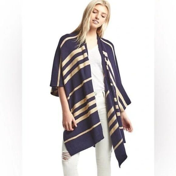 GAP Poncho Sweater Navy Blue Tan Wool Camel Hair Open Front Cardigan One Size - Picture 1 of 7